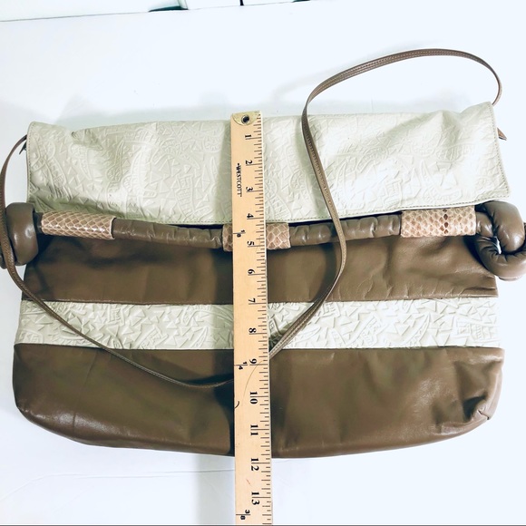 Vintage Unique Oversized Envelope Large Lined Flap Leather Bag Taupe Beige - Picture 6 of 9